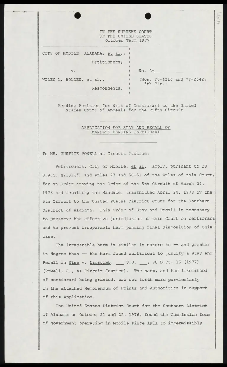 Application for Stay and Recall of Mandate Pending Certiorari preview