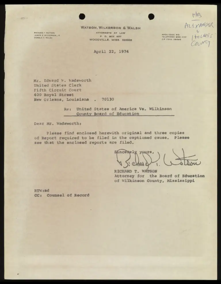 Correspondence from Watson to Clerk Re: United States v. Wilkinson County preview