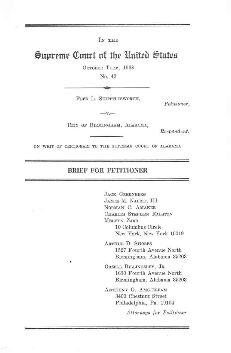 Shuttlesworth v Birmingham AL Brief for Petitioner preview