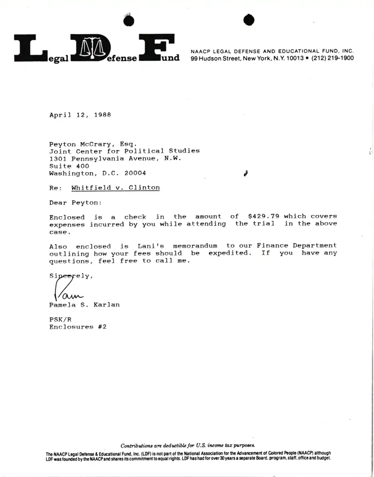 Correspondence from Pamela Karlan to Peyton McCrary, Esq. Re Whitfield v. Clinton preview