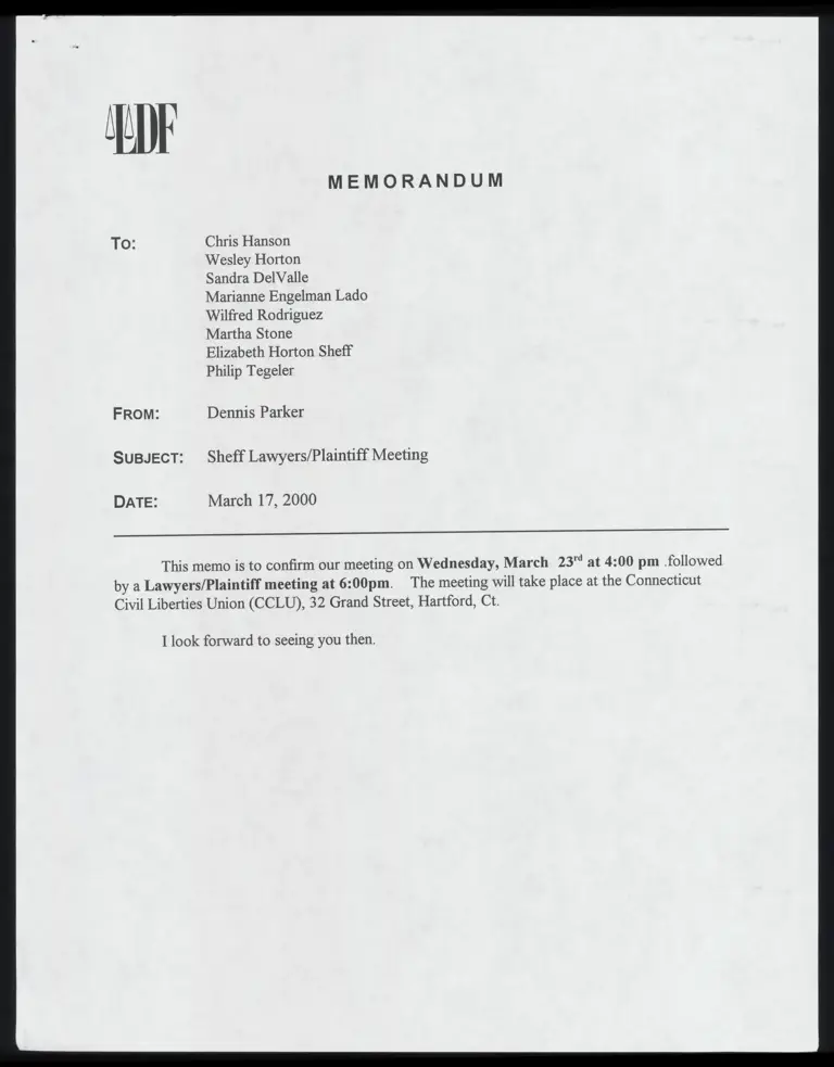 Memo RE: Sheff Lawyers/ Plaintiff Meeting preview