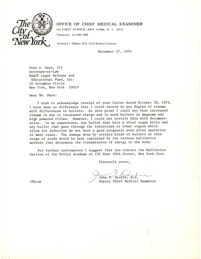 Letter from Deputy Chief Medical Examiner to Drew Days III RE: Ballistics and Trauma preview