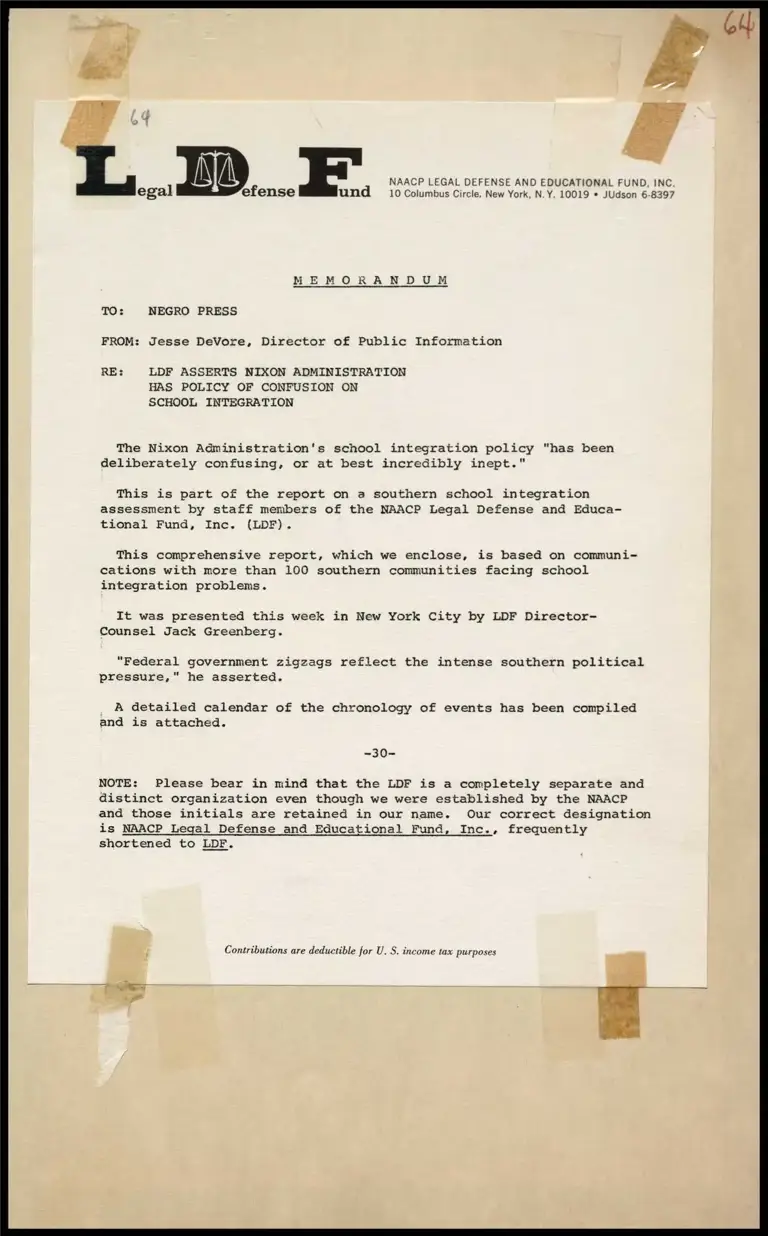 Memorandum Re: LDF Asserts Nixon Administration Has Policy of Confusion on School Integration preview