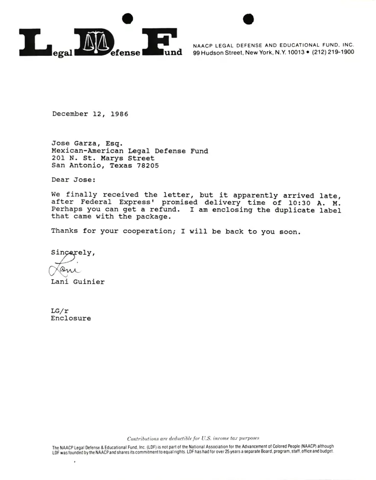 Correspondence from Lani Guinier to Jose Garza, Esq. (Mexican-American Legal Defense Fund) preview