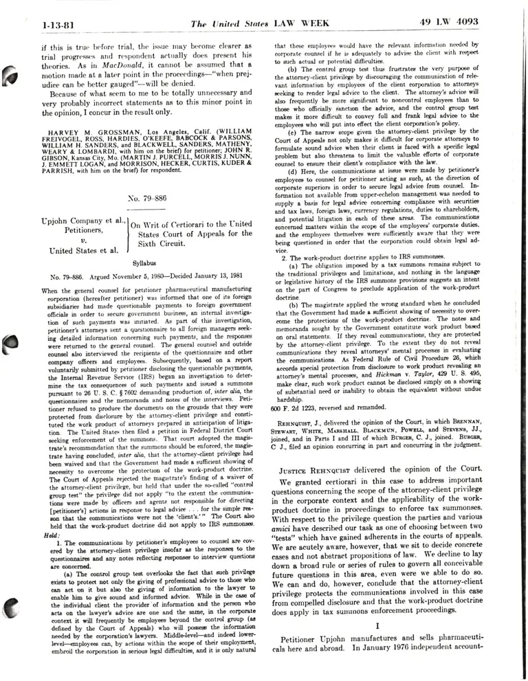 Upjohn Company et. al. Petitioners v. United States et. al. Syllabus (United States Law Week) preview
