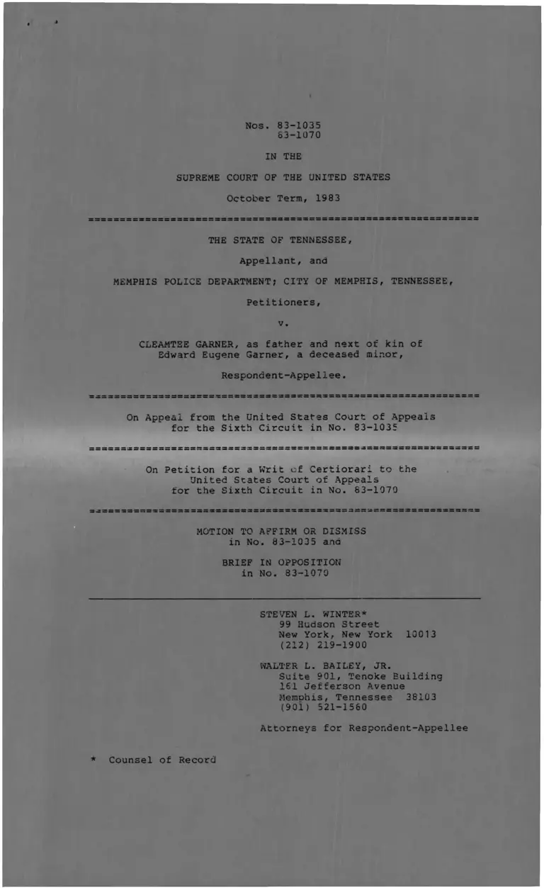 Tennessee v. Garner Motion to Affirm or Dismiss and Brief in Opposition preview