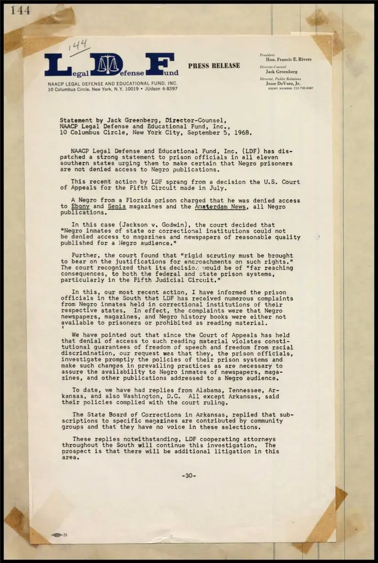 Greenberg Statement Asking That Negroes Not Be Denied Access to Negro Publications preview