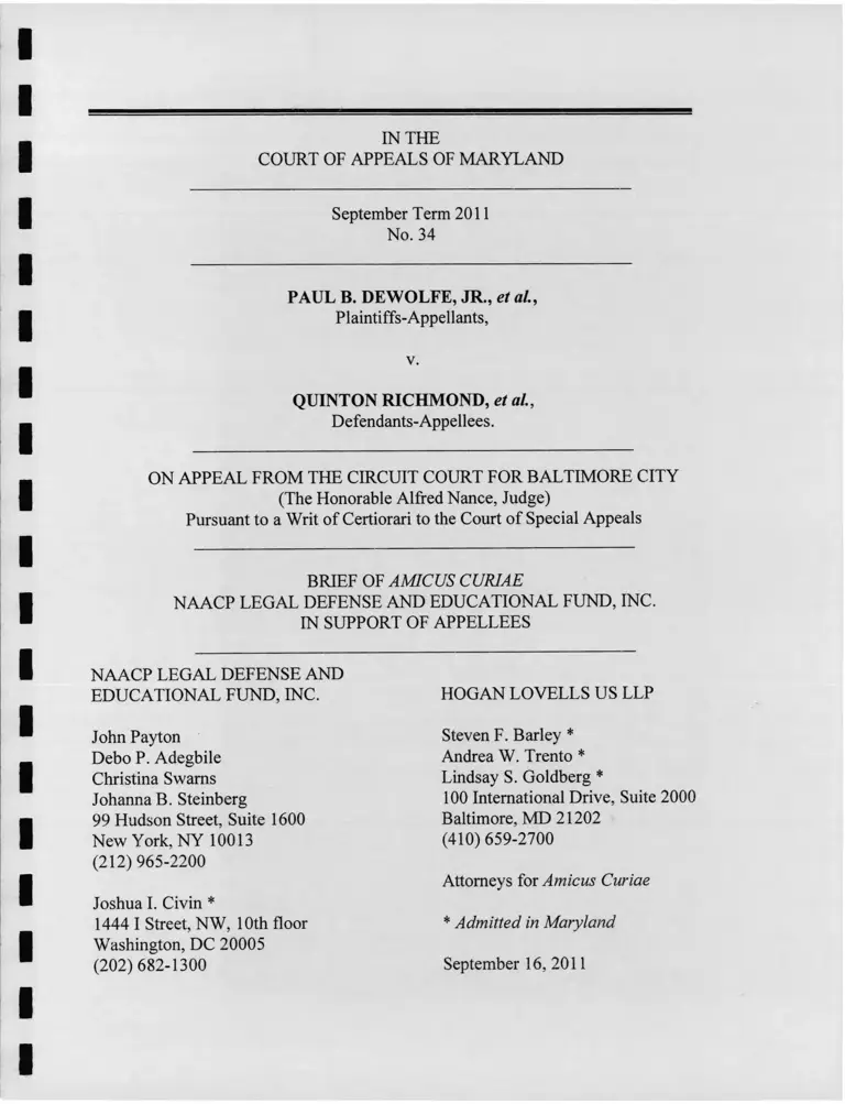 DeWolfe v. Richmond Brief of Amicus Curiae preview