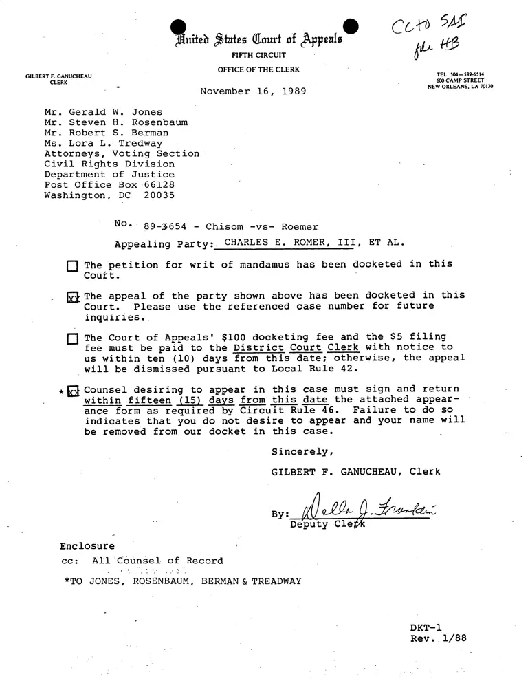 Memorandum from Ganucheau to Counsel for Appealing Party Charles E. Roemer III preview