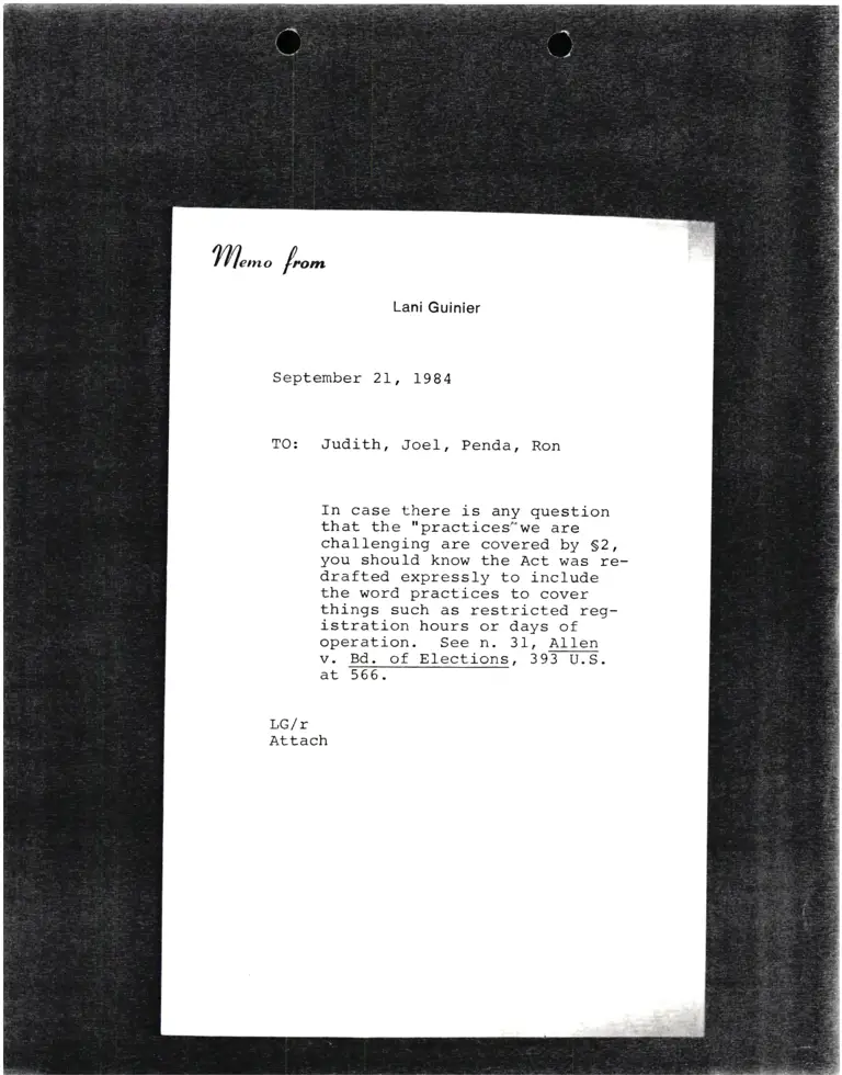 Memo from Lani Guinier RE Section 2 of Voting Rights Act preview