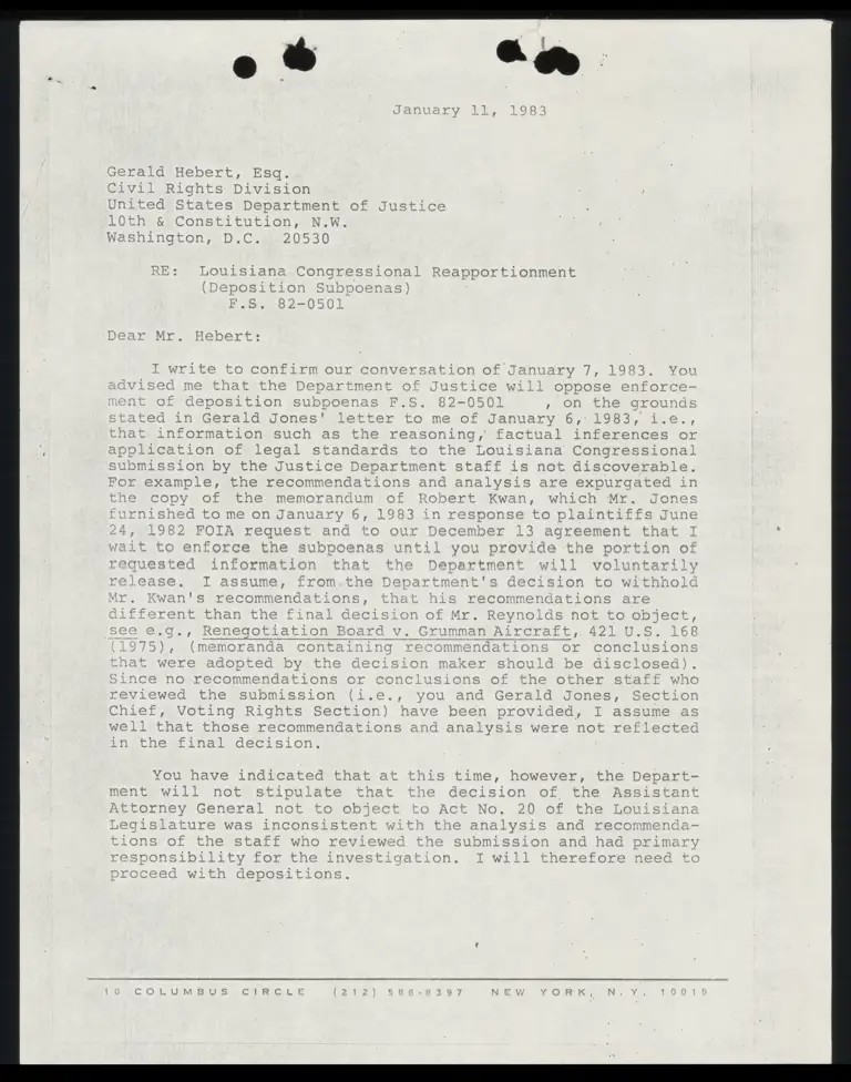 Correspondence from Guinier to Hebert Re: Louisiana Congressional Reapportionment (Deposition Subpoenas) preview