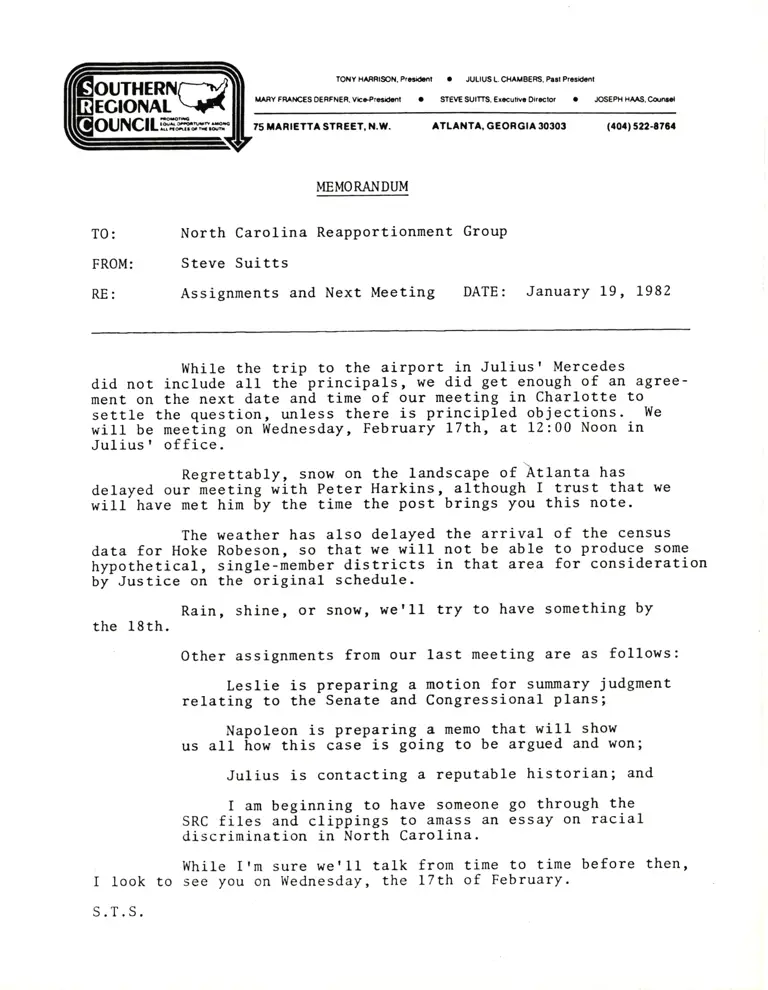 Memorandum from Suitts to North Carolina Reapportionment Group preview