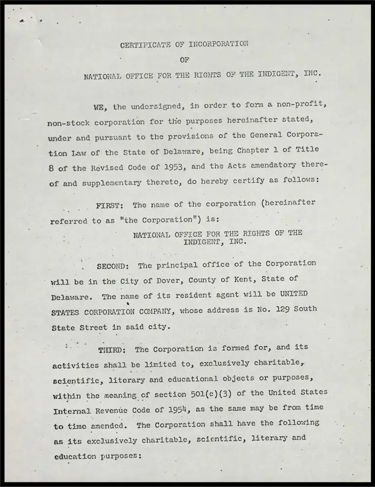 Certificate of Incorporation of National Office for the Rights of the Indigent preview