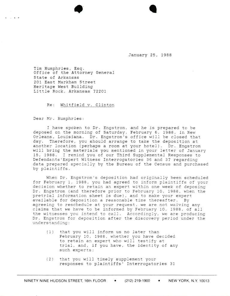 Correspondence from Pamela Karlan to Tim Humphries, Esq. Re Whitfield v. Clinton preview