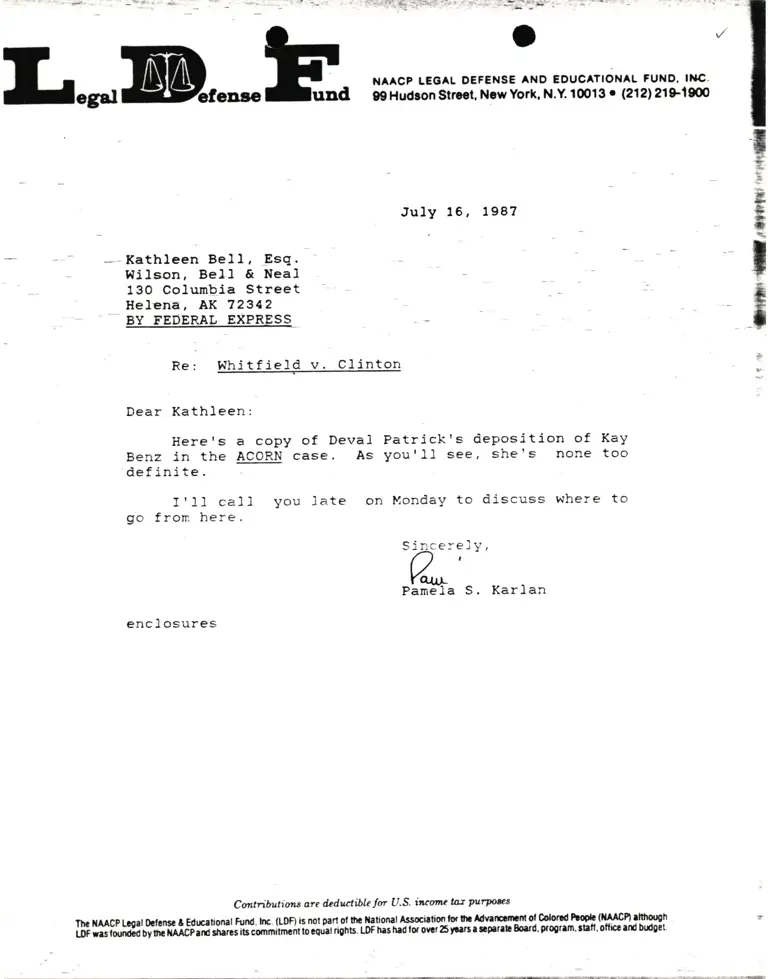 Correspondence from Pamela Karlan to Kathleen Bell, Esq. Re Whitfield v. Clinton preview