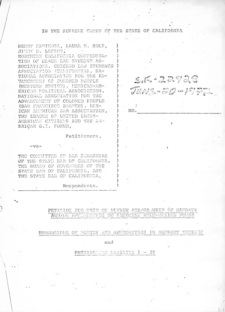 Espinoza v. California State Bar Committee of Examiners Memorandum of Points and Authorities Un Support Thereof and Petitioners Exhibits preview