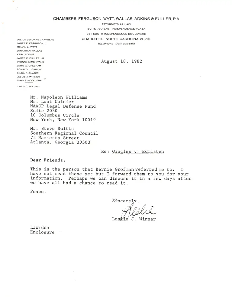 Correspondence from Winner to Williams; Winner to Dupree; Winner to Leonard; Gingles v. Edmisten, Pugh v. Hunt, Cavanaugh v. Brock Discovery Stipulations preview