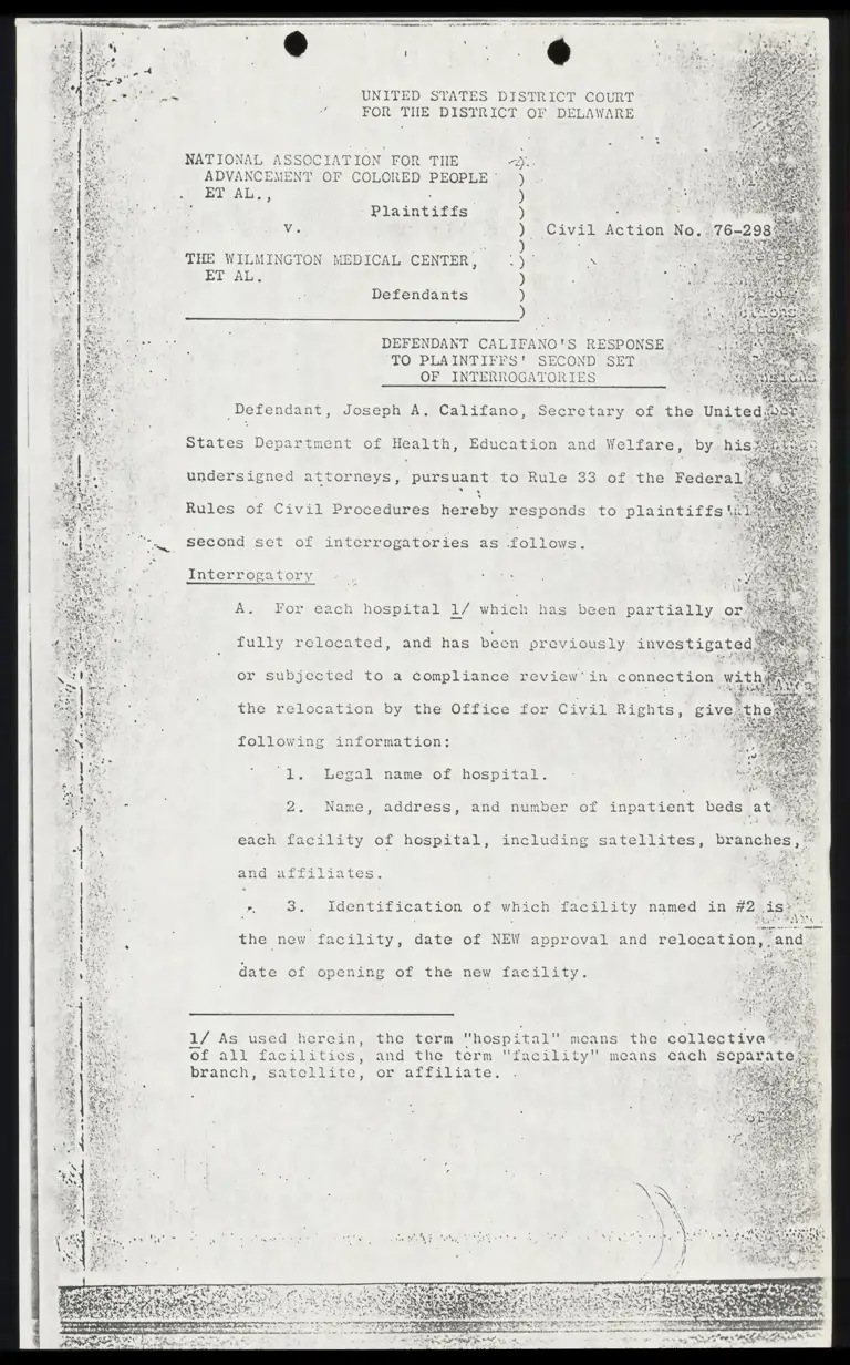 Defendant Califano's Response to Plaintiffs' Second Set of Interrogatories preview