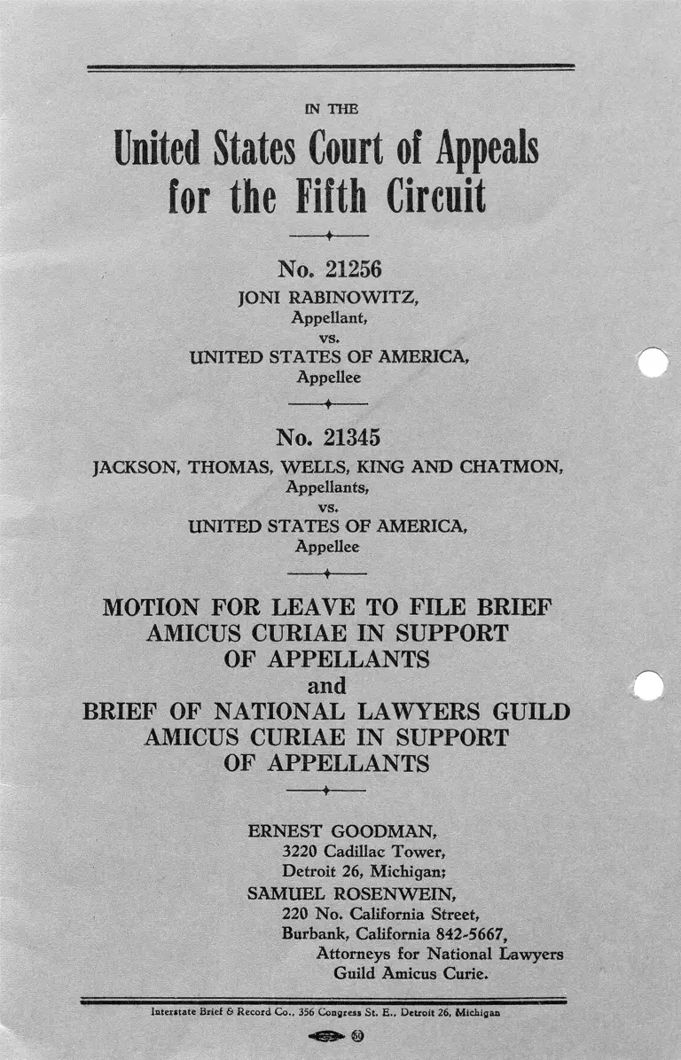 Rabinowitz v. United States Motion for Leave to File and Brief Amicus Curiae in Support of Appellants preview