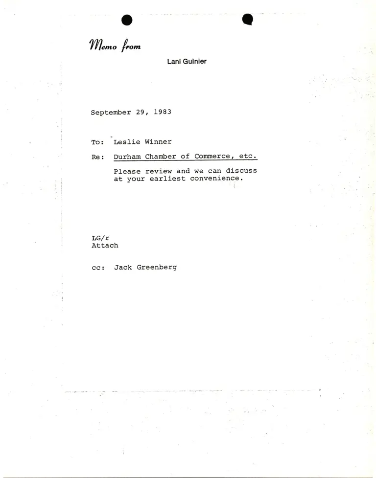Memorandum from Lani Guinier to Leslie Winner Re: Durham Chamber of Commerce, Etc. preview