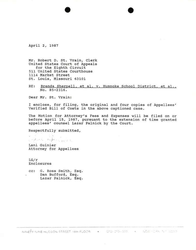 Correspondence from Lani Guinier to Robert D. St. Vrain (Clerk) Re: Sherpell v. Humnoke School District preview