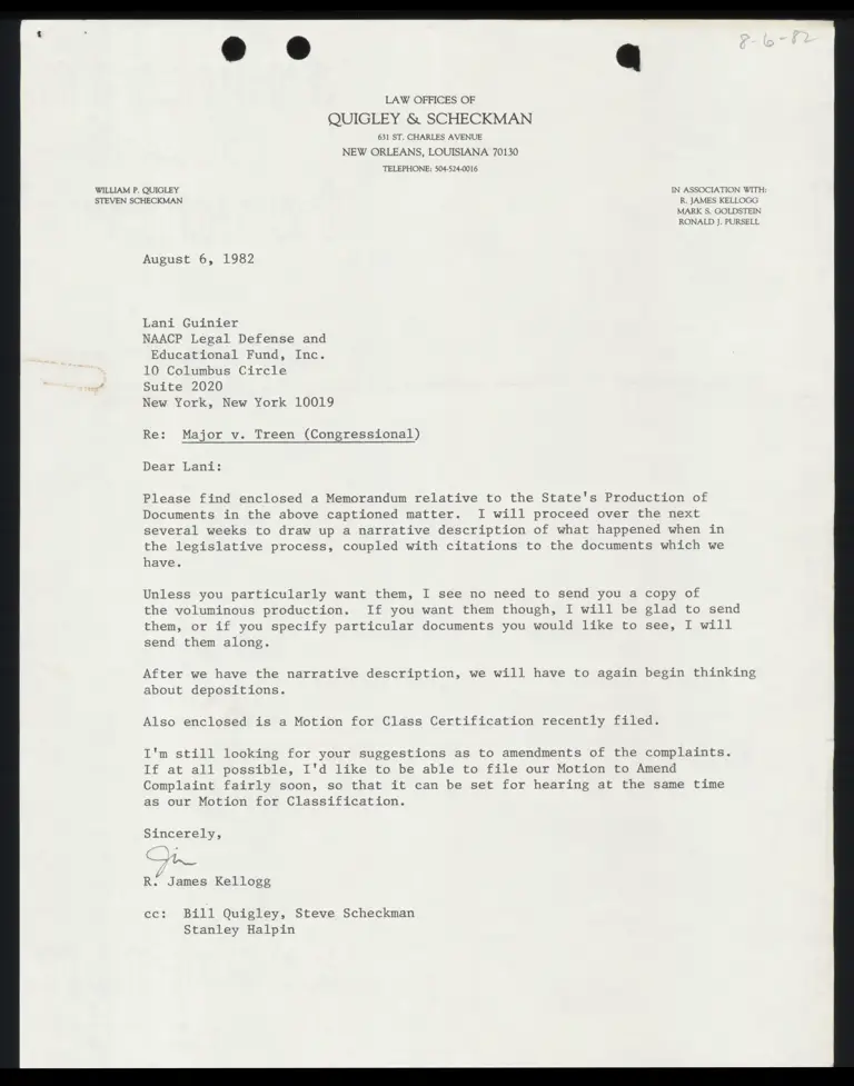 Letter from Kellog to Guinier; Motion and Order Setting Oral Arguments on Plaintiffs' Motion for Class Certification preview