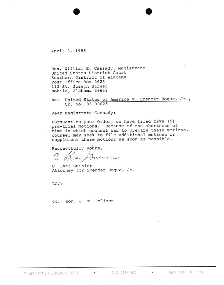 Correspondence from Lani Guinier to William E. Cassady (Magistrate) Re: United States v. Hogue preview