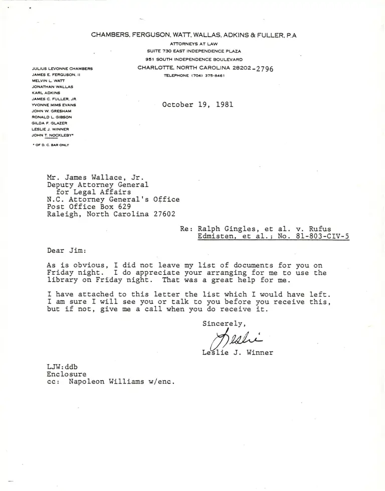 Correspondence from Winner to Wallace; Preliminary Request for Documents and Information Concerning Legislative and Congressional Reapportionment preview