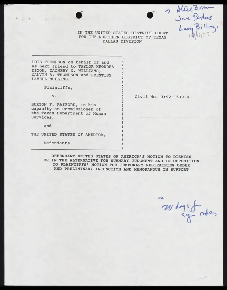 Defendant's Motion to Dismiss or for Summary Judgment and in Opposition to Plaintiffs' Motion for Temporary Restraining Order preview