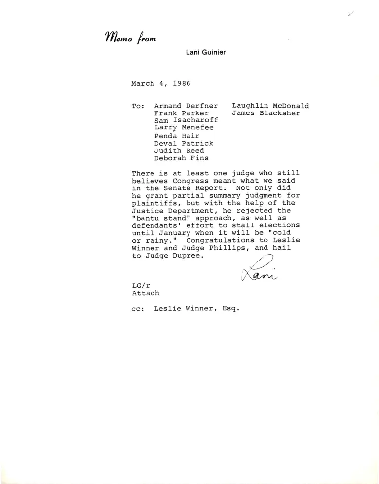 Memorandum from Lani Guinier to Derfner, Parker, Isacharoff, Menefee, Hair, Patrick, Reed, Fins, McDonald, and Blacksher preview