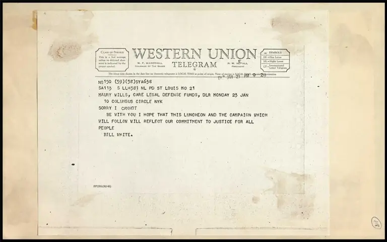 Telegram from Bill White to Maury Wills re: National Sports Committee preview