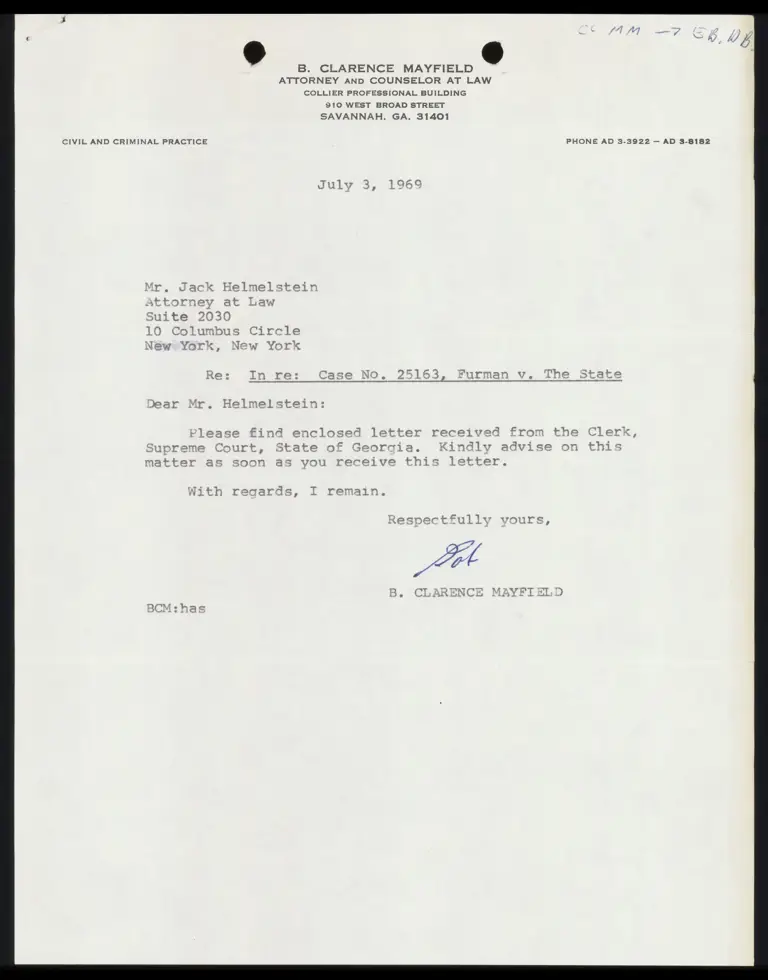 Correspondence from Mayfield to Himmelstein preview