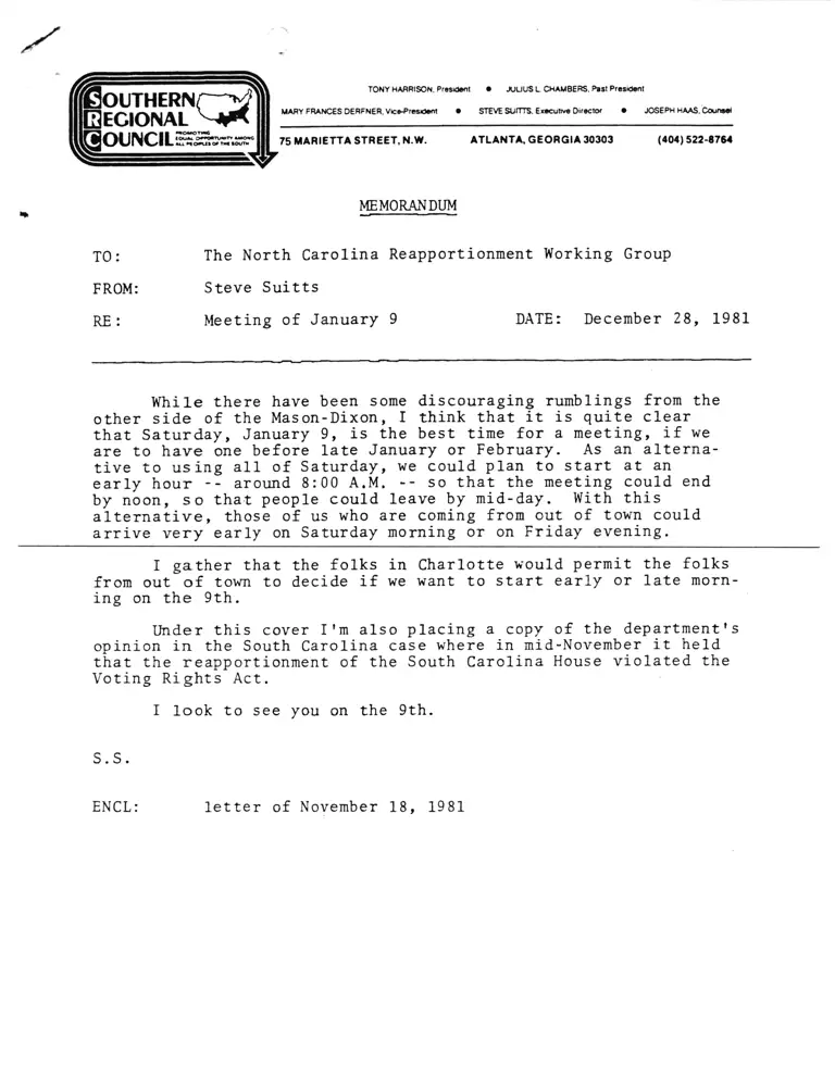 Memorandum from Suitts to North Carolina Reapportionment Group; Correspondence from Bradford Reynolds to McLeod preview