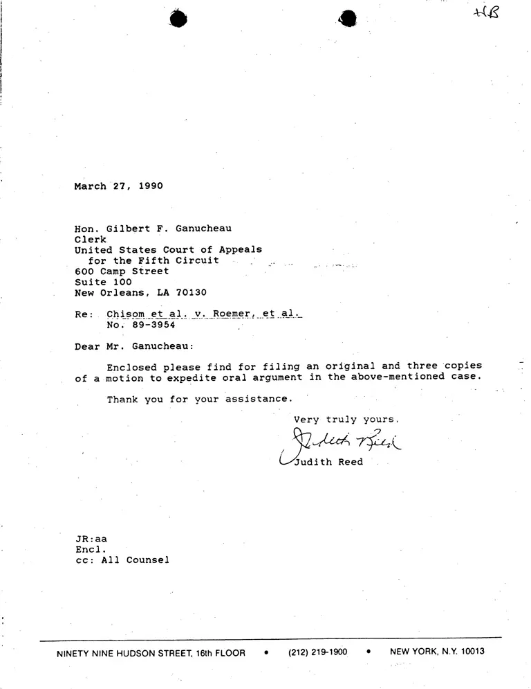 Correspondence from Reed to Ganucheau (Clerk); Motion to Expedite Oral Argument preview