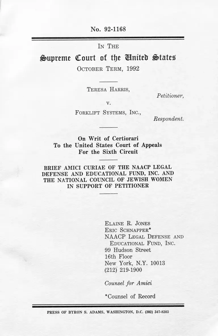 Harris v. Forklift Systems, Inc. Brief Amici Curiae in Support of Petitioner preview