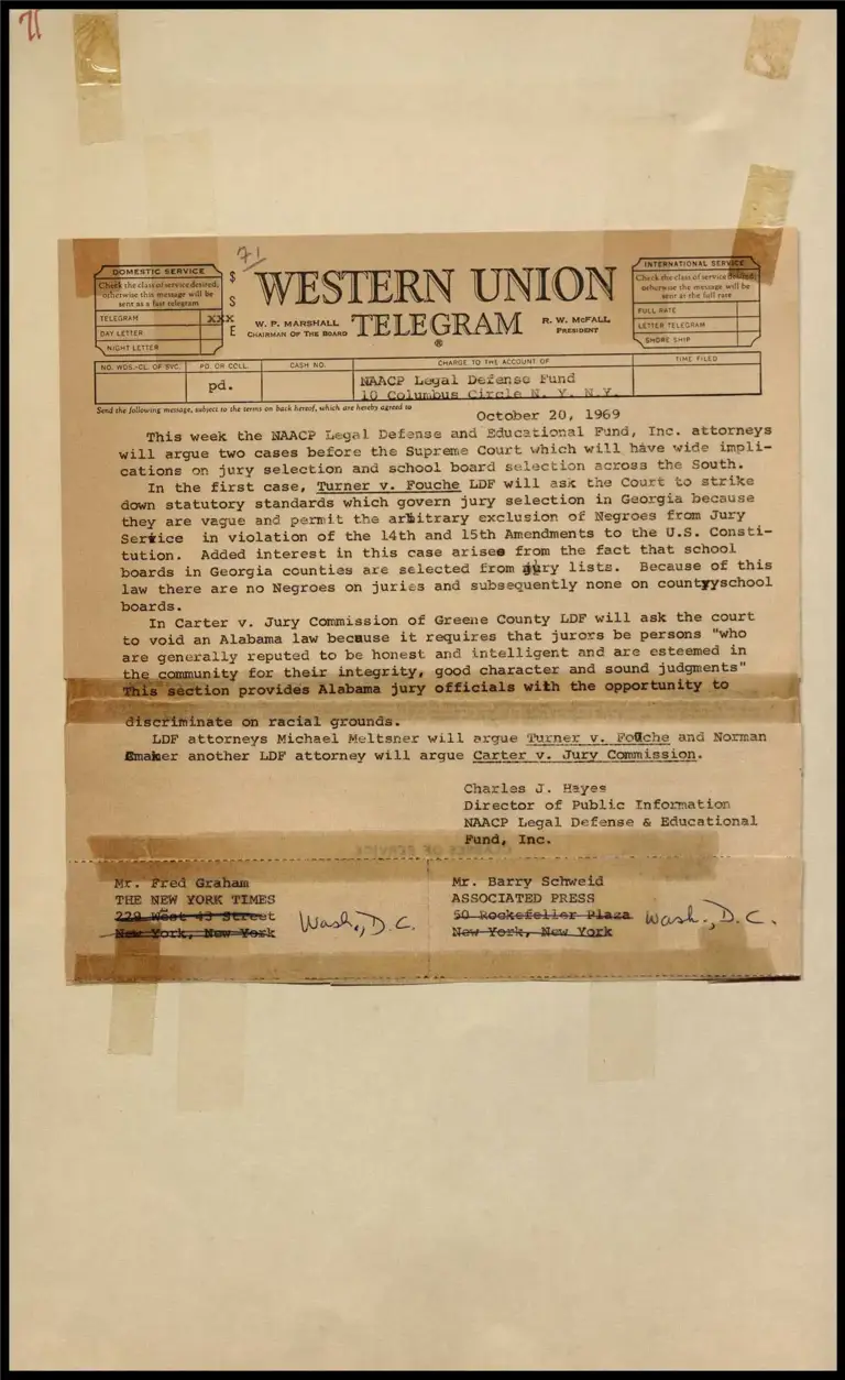 LDF to Argue Two Supreme Court Cases - Turner v. Fouche and Carter v. Jury Commission of Greene County (Telegram) preview