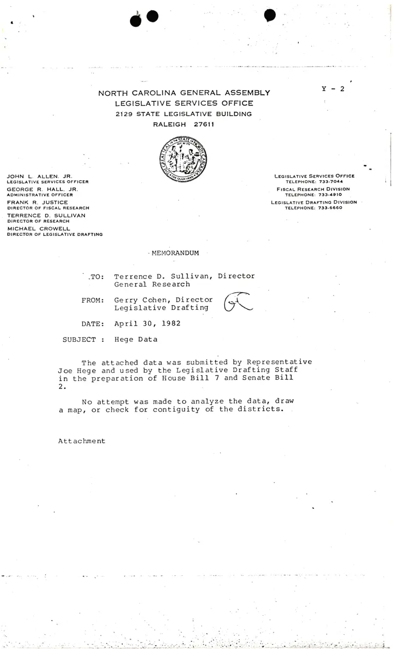 Memorandum from Cohen to Sullivan; Data on District Populations for House Bill 7 and Senate Bill 2 preview