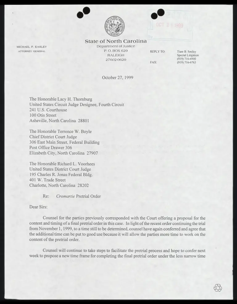 Letter from Smiley to three judge panel RE: Pretrial Order preview
