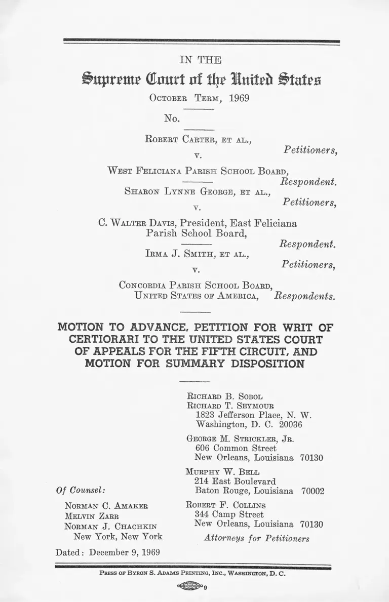 Carter v. West Feliciana Parish School Board Motion to Advance, Petition for Writ of Certiorari to the United States Court of Appeals for the Fifth Circuit, and Motion for Summary Disposition preview