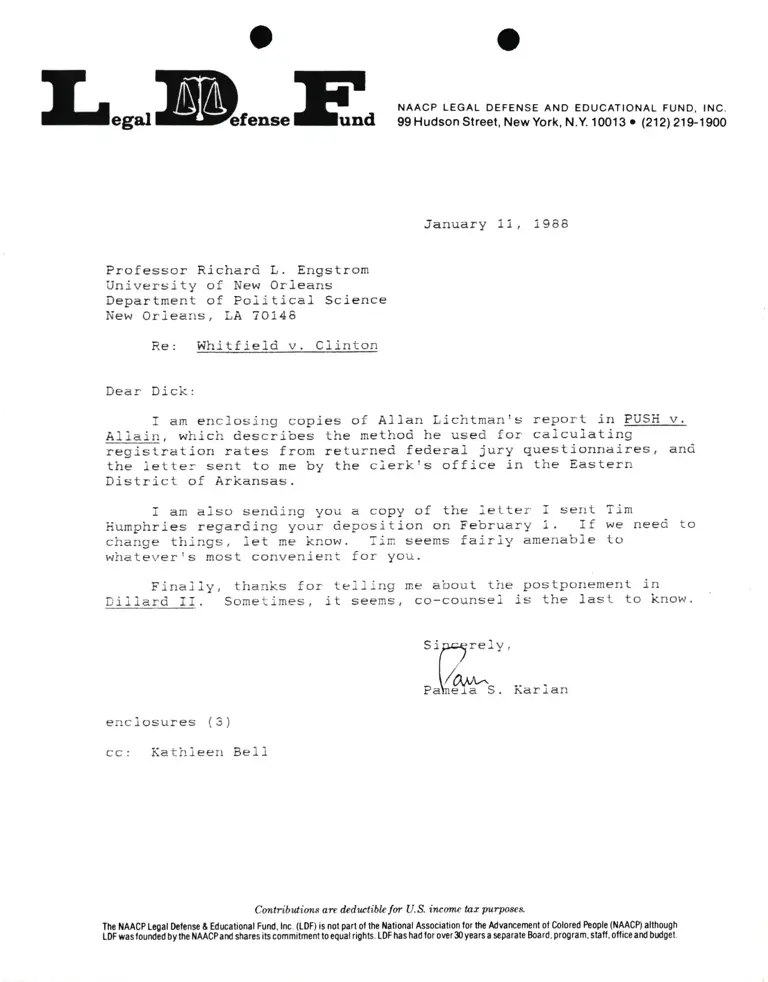 Correspondence from Pamela Karlan to Prof. Richard L. Engstrom Re Whitfield v. Clinton preview