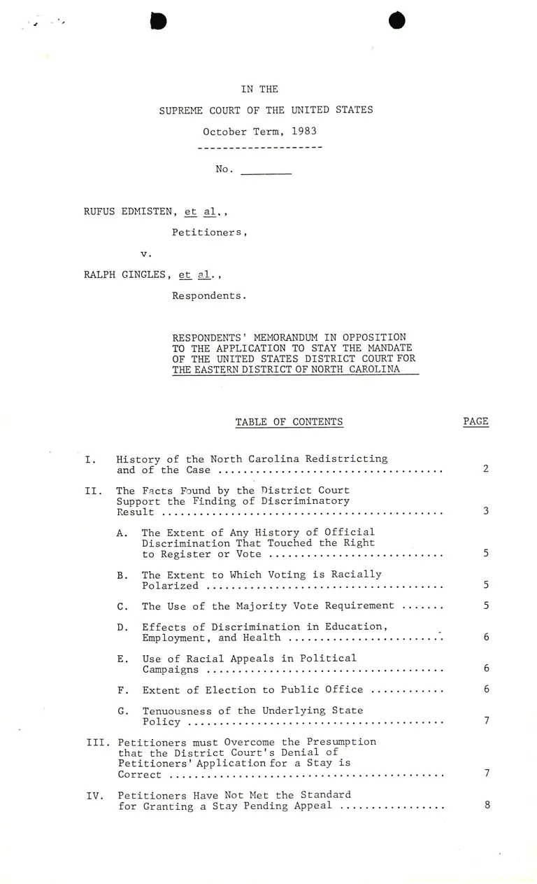 Respondents' Memo in opposition To The Applicant To stay The Mandate of The U.S. District Court For The Eastern District of N.C. preview