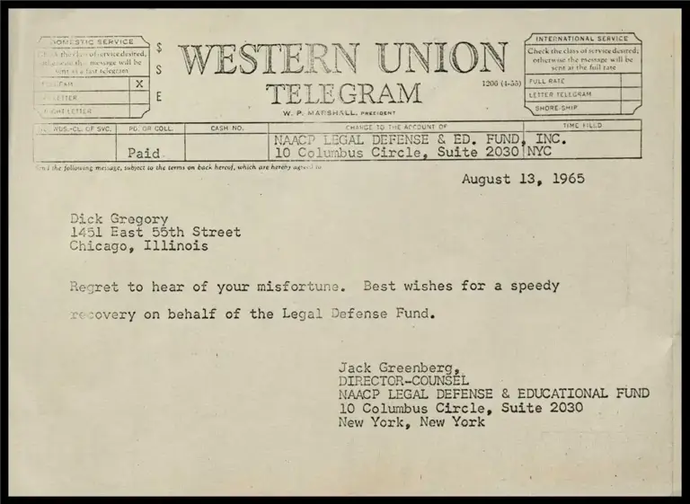 Telegram: Jack Greenberg to Dick Gregory preview