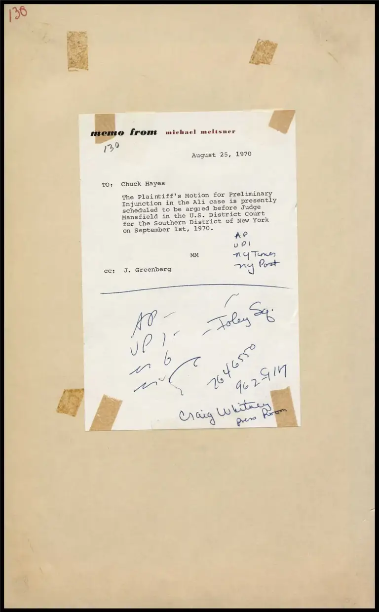 Memorandum from Meltsner to Hayes on Ali Case Plaintiff's Motion for Preliminary Injunction preview
