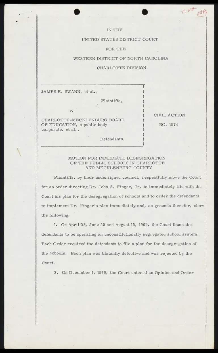 Motion for Immediate Desegregation of the Public Schools in Charlotte and Mecklenburg County preview