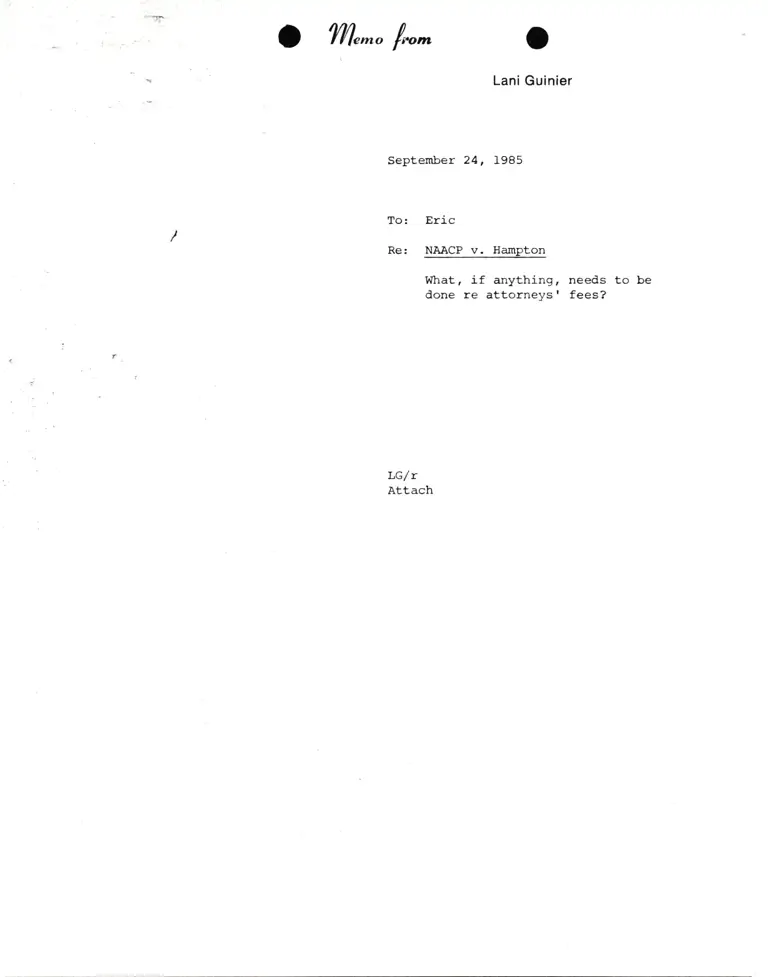 Memorandum from Lani Guinier to Eric Schnapper Re NAACP v. Hampton preview