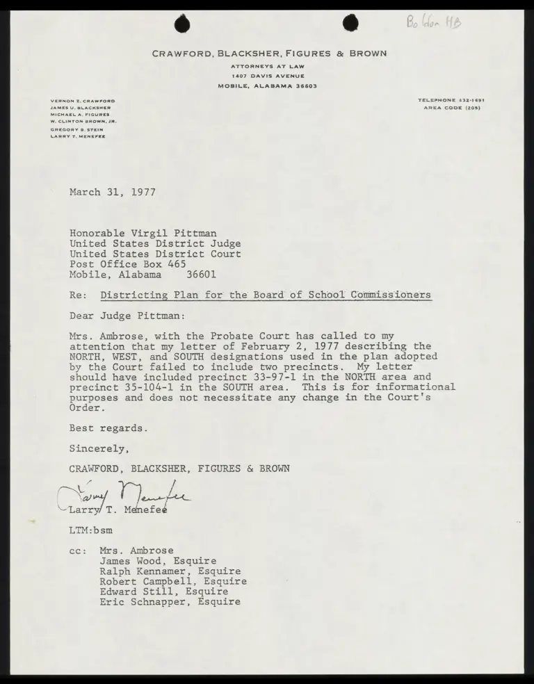 Letter to Judge Pittman from Menefee RE: Precincts Excluded in Districting Plan for Board of School Commissioners preview