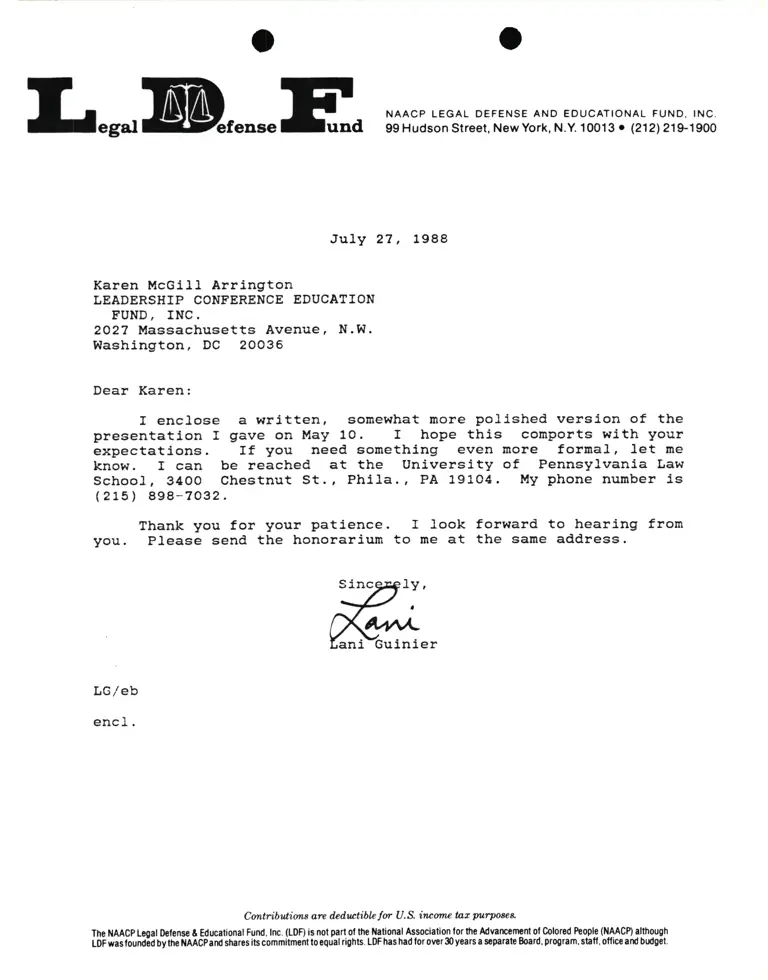 Correspondence from Lani Guinier to Karen McGill Arrington (Leadership Conference Education Fund, Inc.) preview
