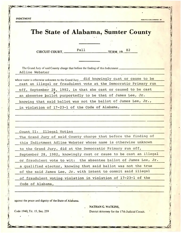 Indictment of Adline Webster preview