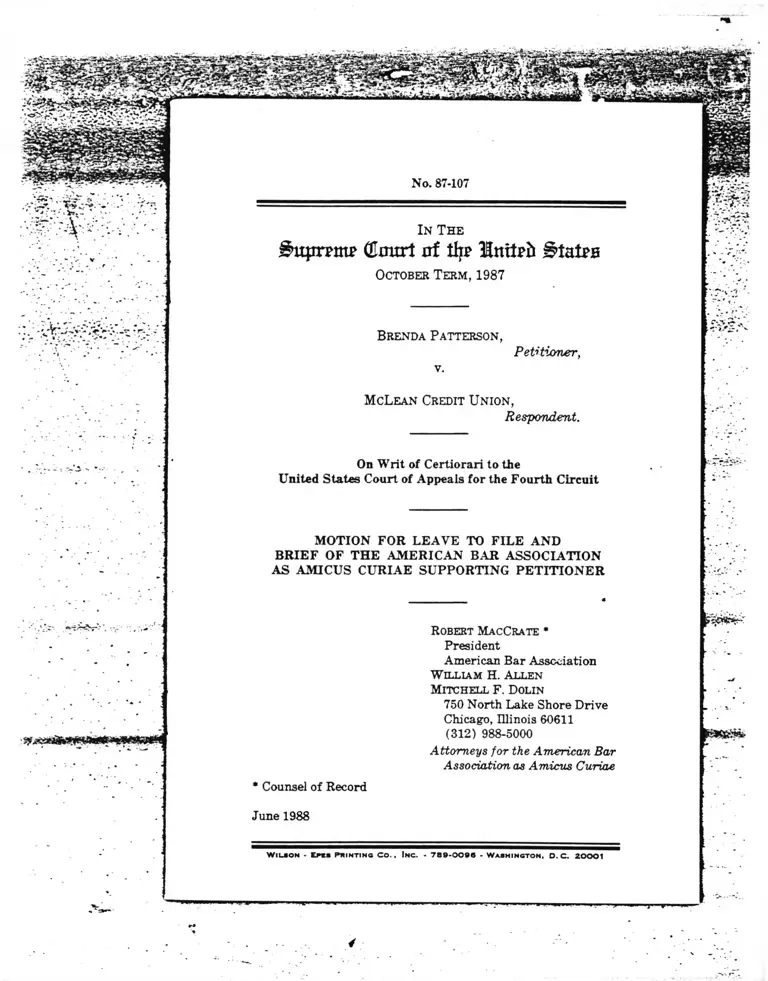 Patterson v. McLean Credit Union Motion for Leave to File and Brief Amicus Curiae American Bar Association preview