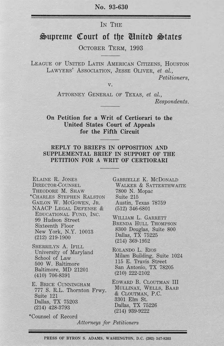 League of United Latin American Citizens (LULAC) v. Attorney General of Texas Reply Briefs in Opposition and Supplemental Brief in Support of the Petition for a Writ of Certiorari preview